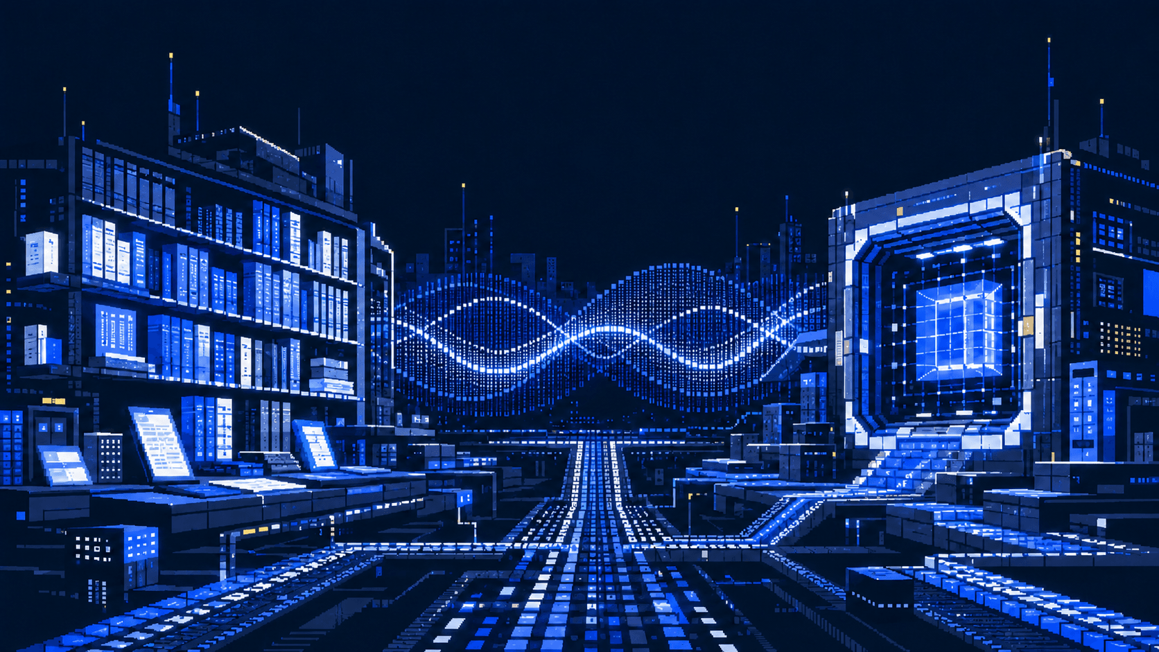 Pixel-art landscape representing knowledge, human understanding and AI security